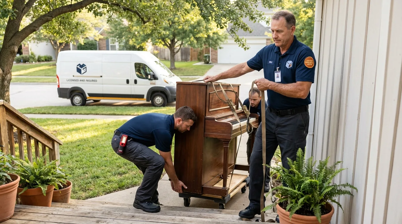 Licensed piano movers securing grand piano in Midland, NC