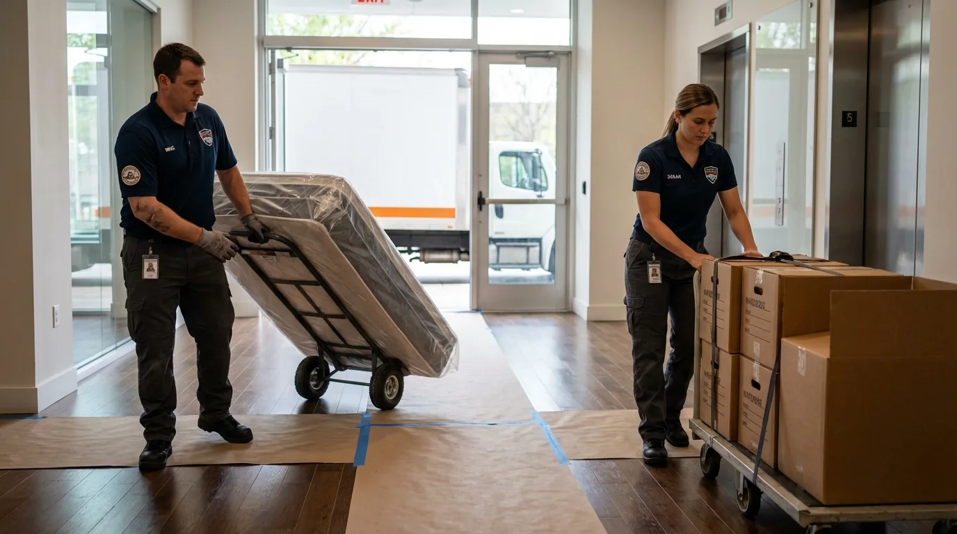 Professional apartment movers loading elevator in Midland, NC